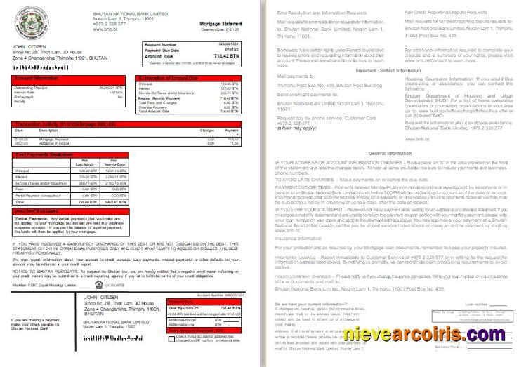 Bhutan National Bank mortgage statement, 2 pages, 1-2